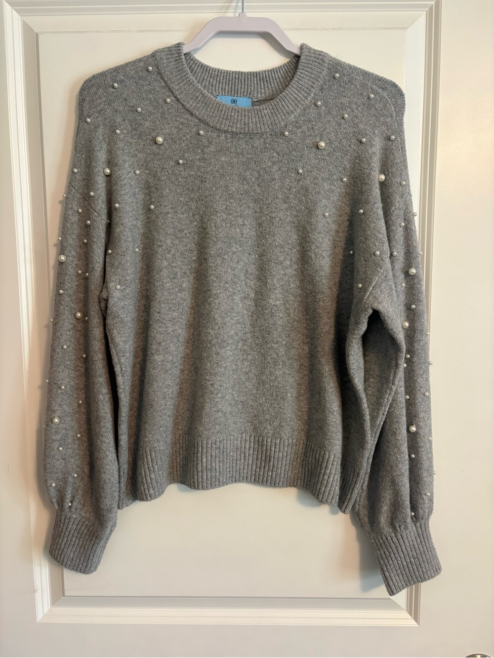 CeCe | Grey | Pearl Accents | Crewneck Sweater | Classy & Elegant | Festive